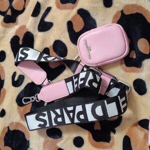 Karl Lagerfeld Pink Leather Mini Crossbody Pouch with Black-and-White Logo Strap